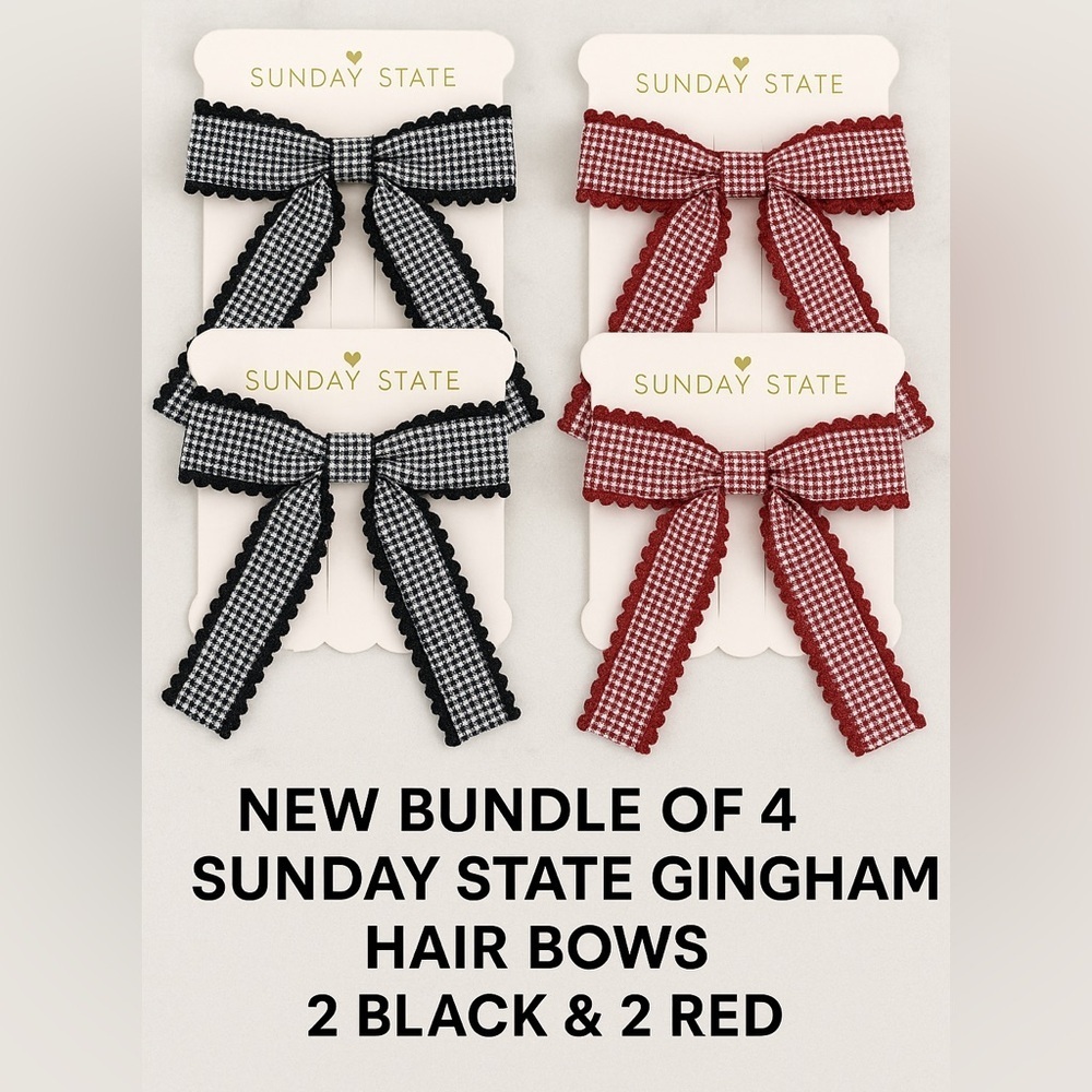 New bundle of four Sunday State hair gingham bows - two black and two red